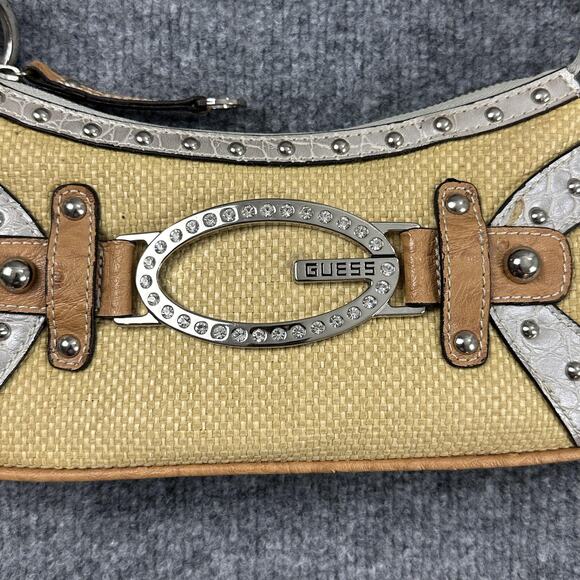 Vintage Guess Raffia Shoulder Bag Yellow Baguette Rhinestone Y2K 90s 2000s - Picture 8 of 14